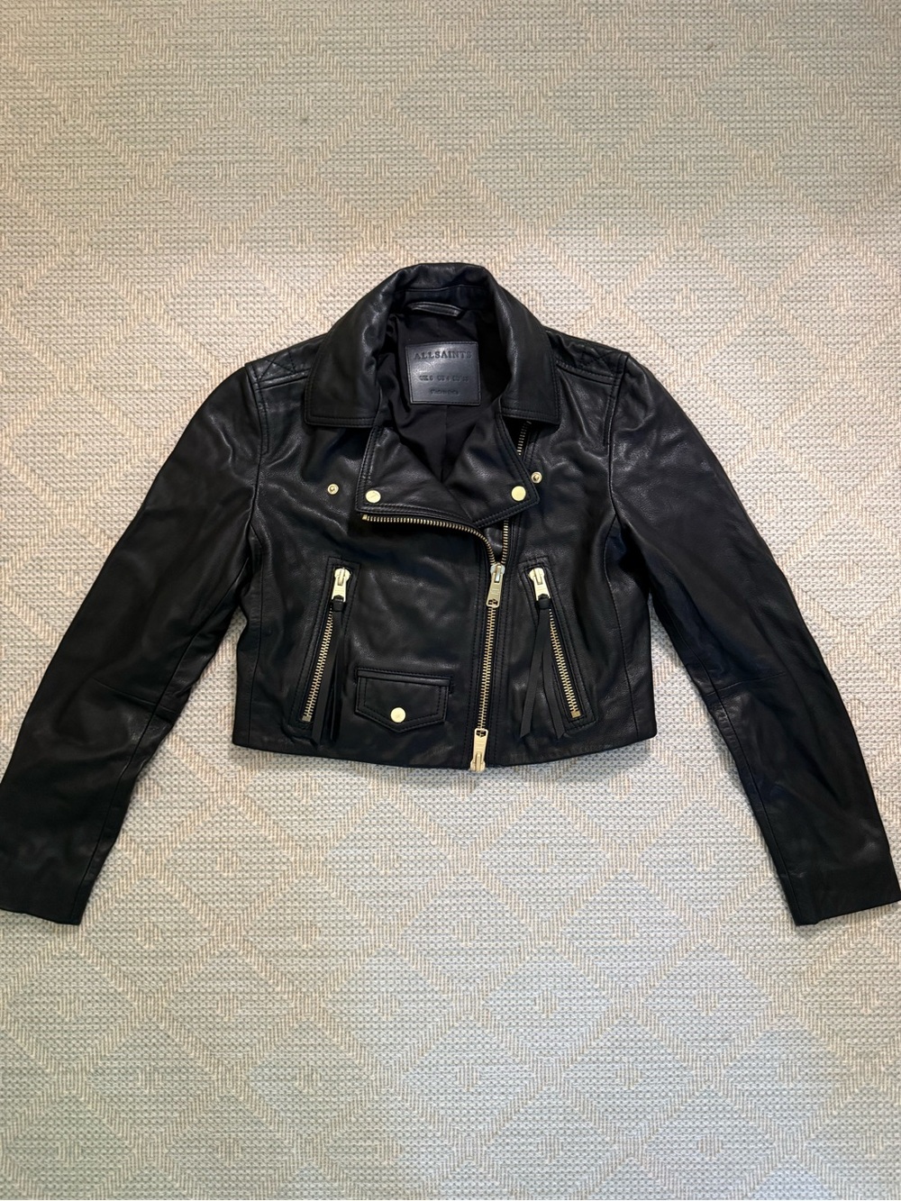All Saints Black Cropped Leather Biker Jacket